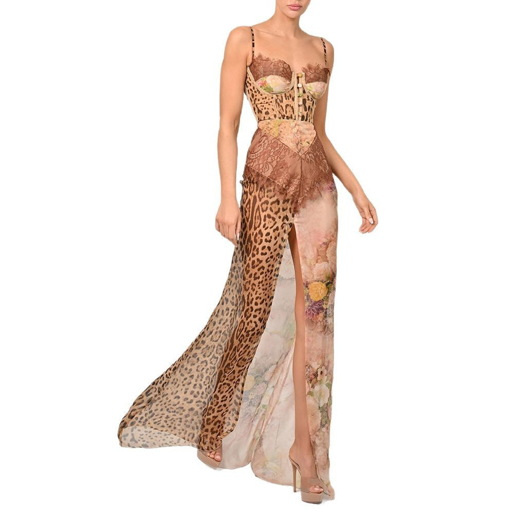 Corset Spaghetti-strap Floral Animal Print Patchwork Long Dress