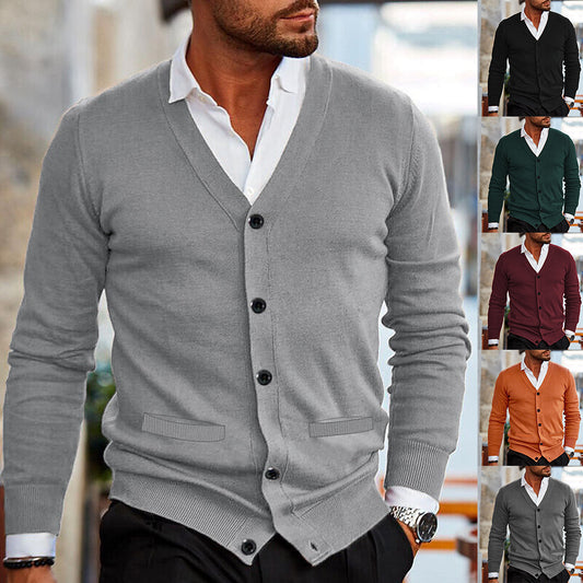 Men's Double-sided Pocket Knitwear V-neck Long Sleeve Slim Cardigan Sweater
