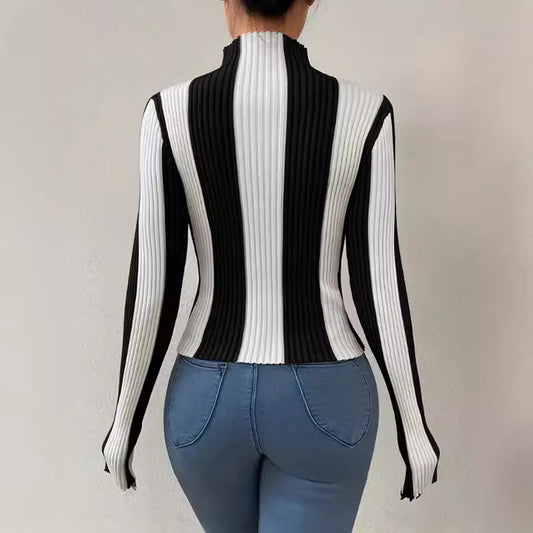 Women's Spring And Autumn Classic Black And White Contrast Color Vertical Pattern Sweater