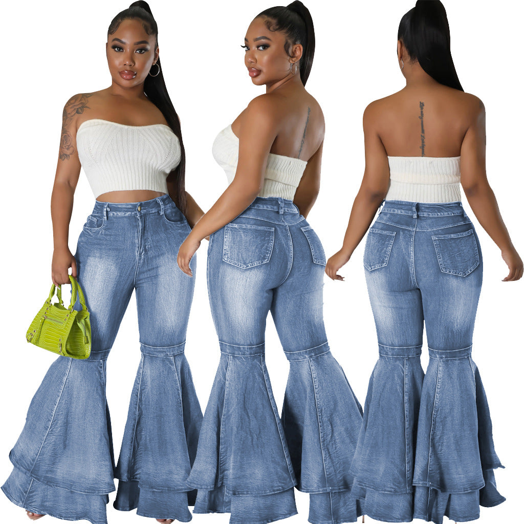 Wide Leg Denim Stretch Flared Pants