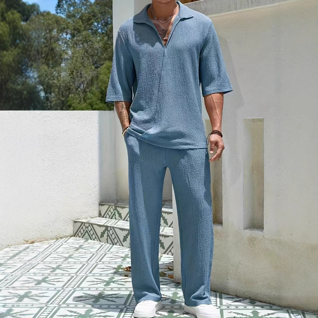 Commuter Men's Casual Shirt Solid Color Half Sleeve Trousers Two-piece Suit