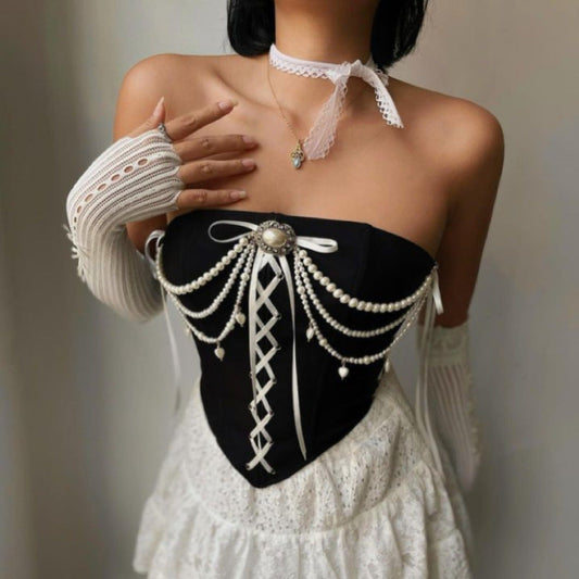 Sexy Christmas Vintage Velvet Stitching Pearl Chain off Shoulder Tube Top Boning Corset Bra