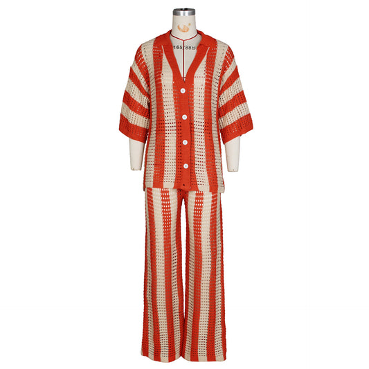 V-neck Striped Knitted Blouse And Pants