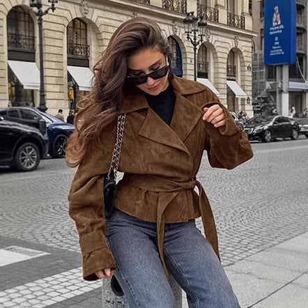 Suede Stomach Blanket Lace-up Coat Women's Vintage Coat
