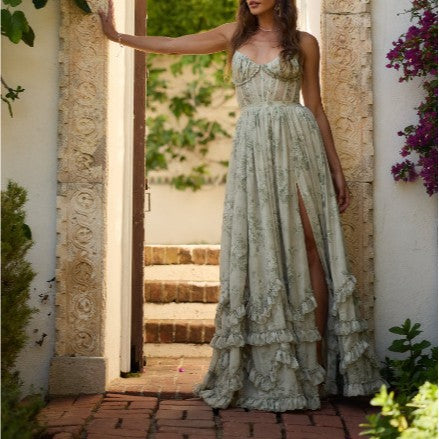 French Halter ruffle Dress Front Split