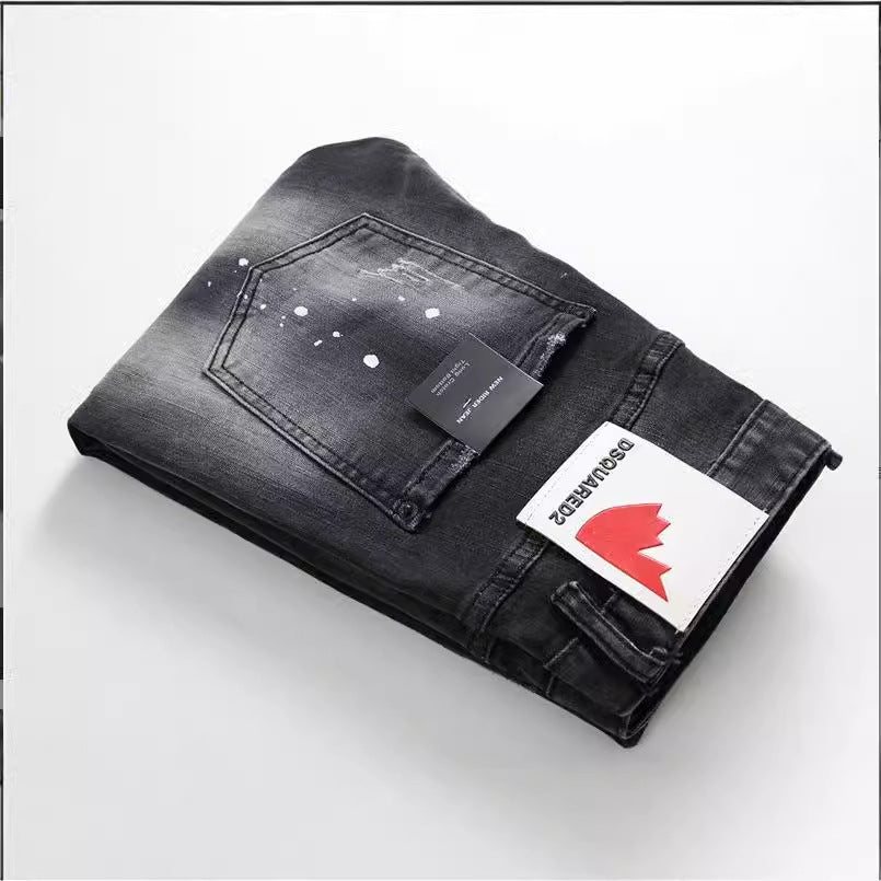 Men's Black And Gray Paint Hole Zipper Decorations Jeans
