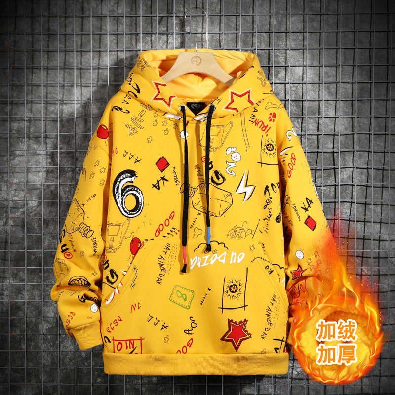 Men's Fleece-lined Graffiti Hooded Sweater