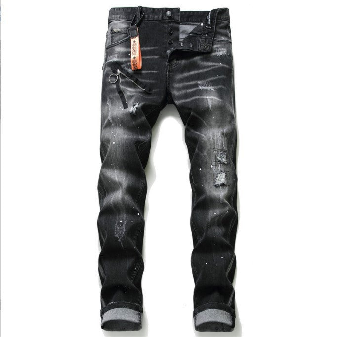 Men's Black And Gray Paint Hole Zipper Decorations Jeans
