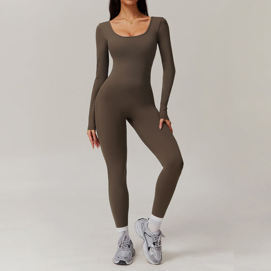 Long Sleeve Yoga Jumpsuit Back Pockets Scrunch bottom Backless