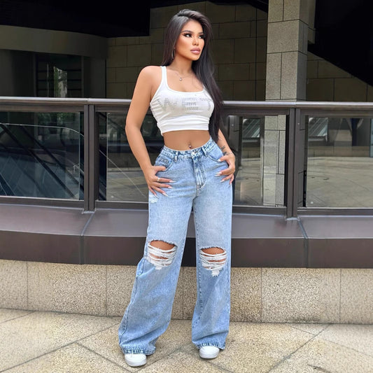 Ripped Washed Loose Straight Wide Leg Jeans