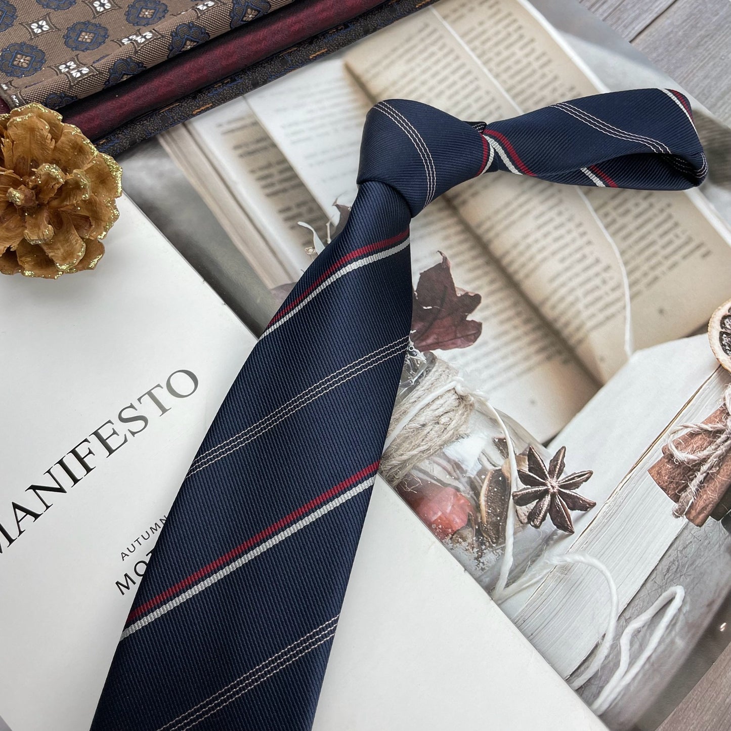 Men's Ties Retro Coffee Color Orange Red Striped Tie Hand Hit 8CM