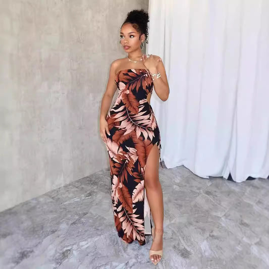 Strapless Flower Print High Slit Long Dress