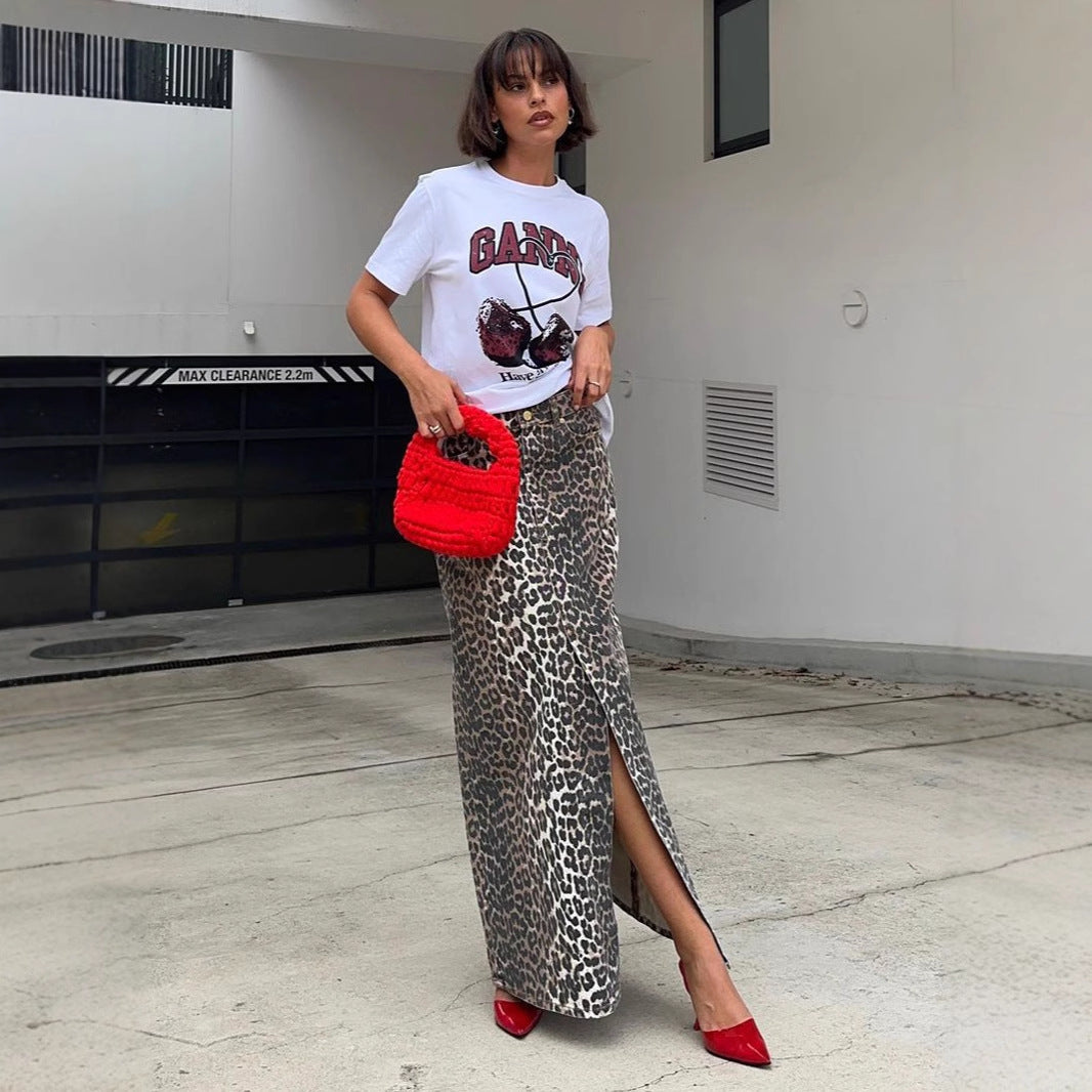 Leopard Print Straight Ankle-length Skirt