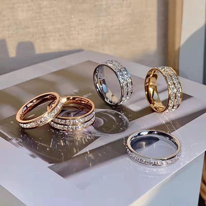INS Rings Titanium Steel Couple Single And Double Row rhinestone Ring