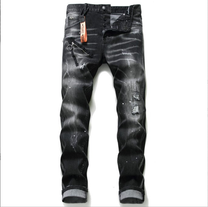 Men's Black And Gray Paint Hole Zipper Decorations Jeans