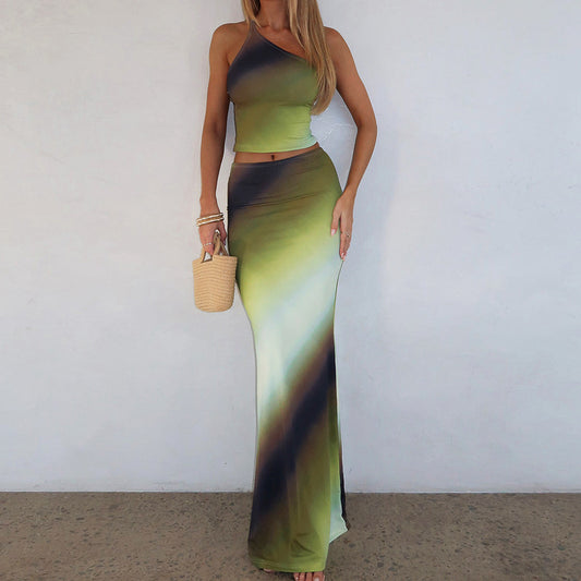 Female Gradient Color One Shoulder Backless Casual Slim Fit Long Dress Suit