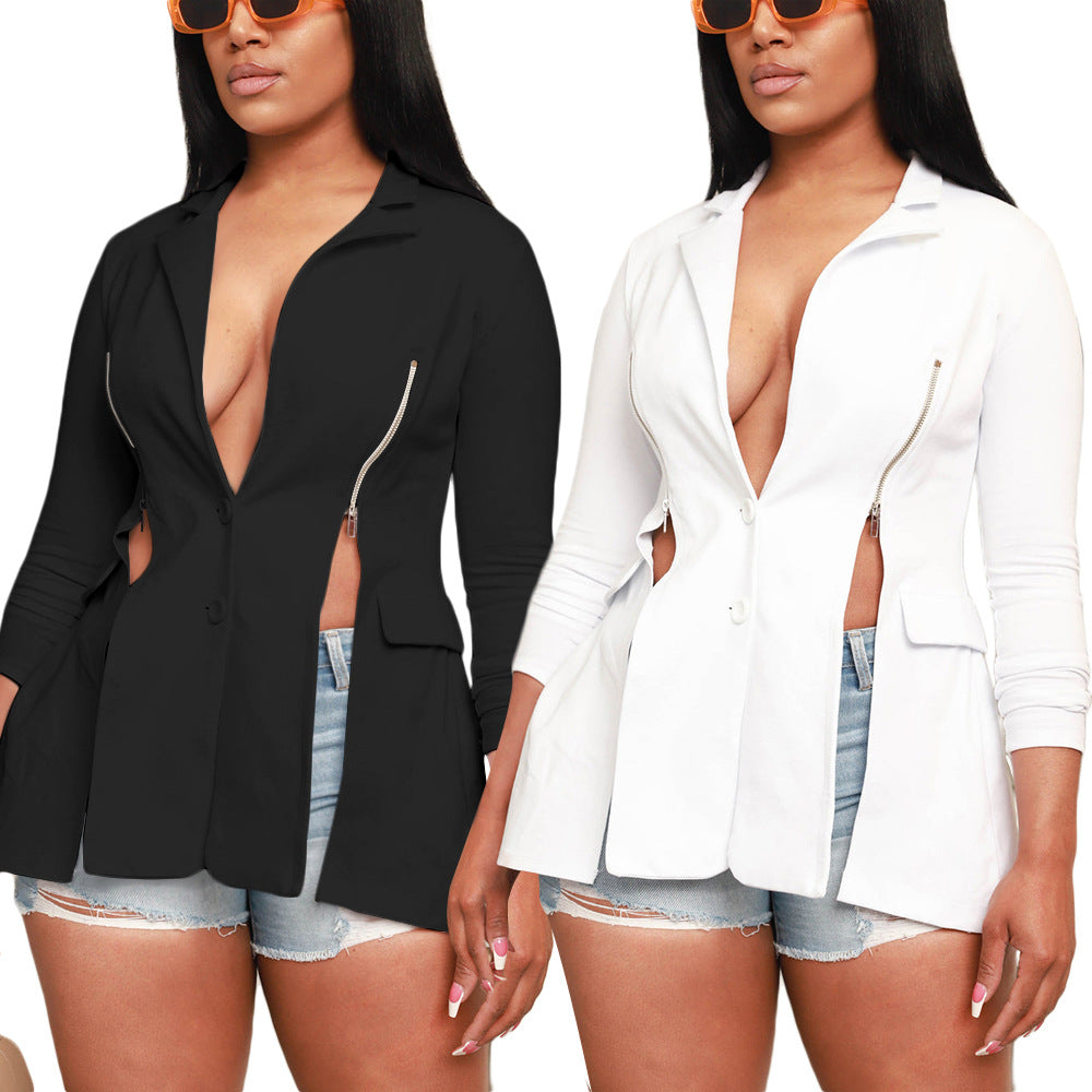 Fashionable With Side-slit Long-sleeve Zipper Lapel Suit