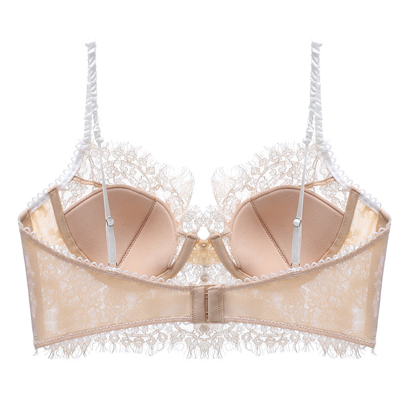 French Eyelash Lace Underwear Push up Thin U Shaped Bare Back Bra Forlove with Steel Ring