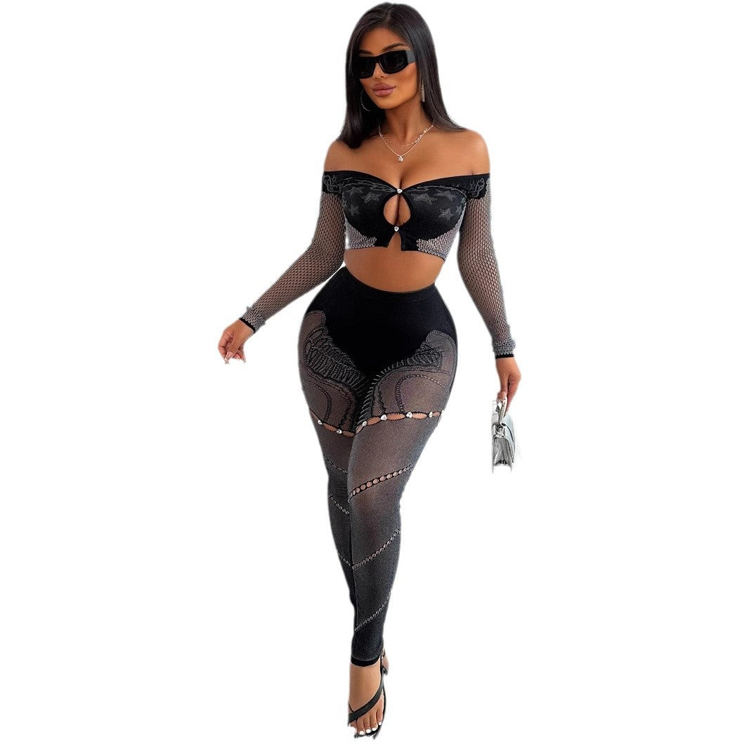Off-shoulder Long Sleeves Cropped Top Slim Trousers Knitted