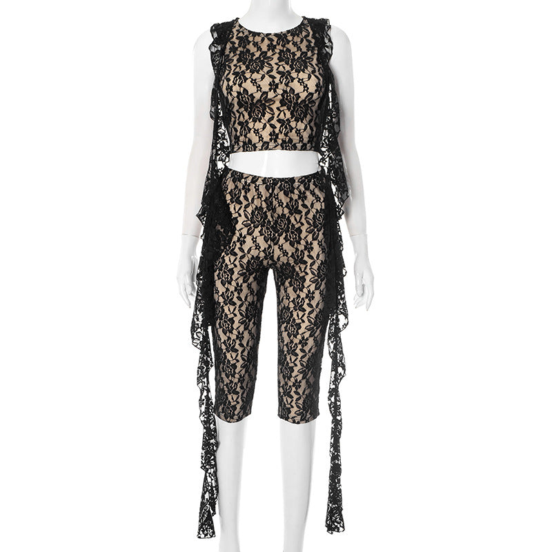 Lace See-through Sleeveless Top Hip-lifting Casual Pants Two-piece Set