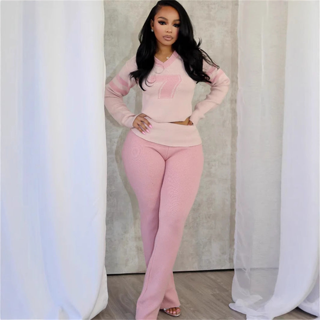Contrast Color Fashion All-match V-neck Solid Color Knit Casual Long Sleeve Top And Trousers Suit