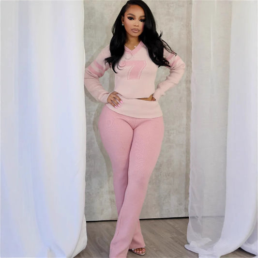Contrast Color Fashion All-match V-neck Solid Color Knit Casual Long Sleeve Top And Trousers Suit