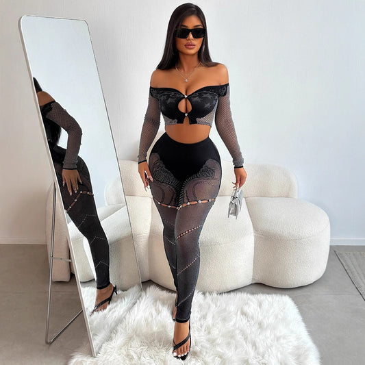 Off-shoulder Long Sleeves Cropped Top Slim Trousers Knitted