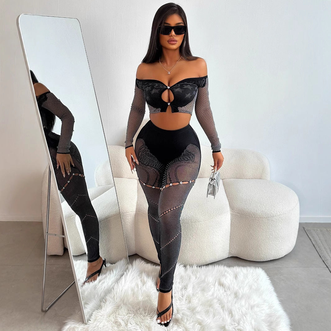 Off-shoulder Long Sleeves Cropped Top Slim Trousers Knitted