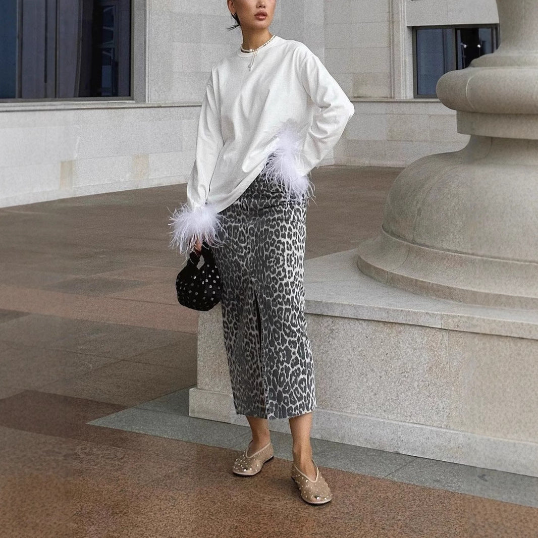 Leopard Print Straight Ankle-length Skirt