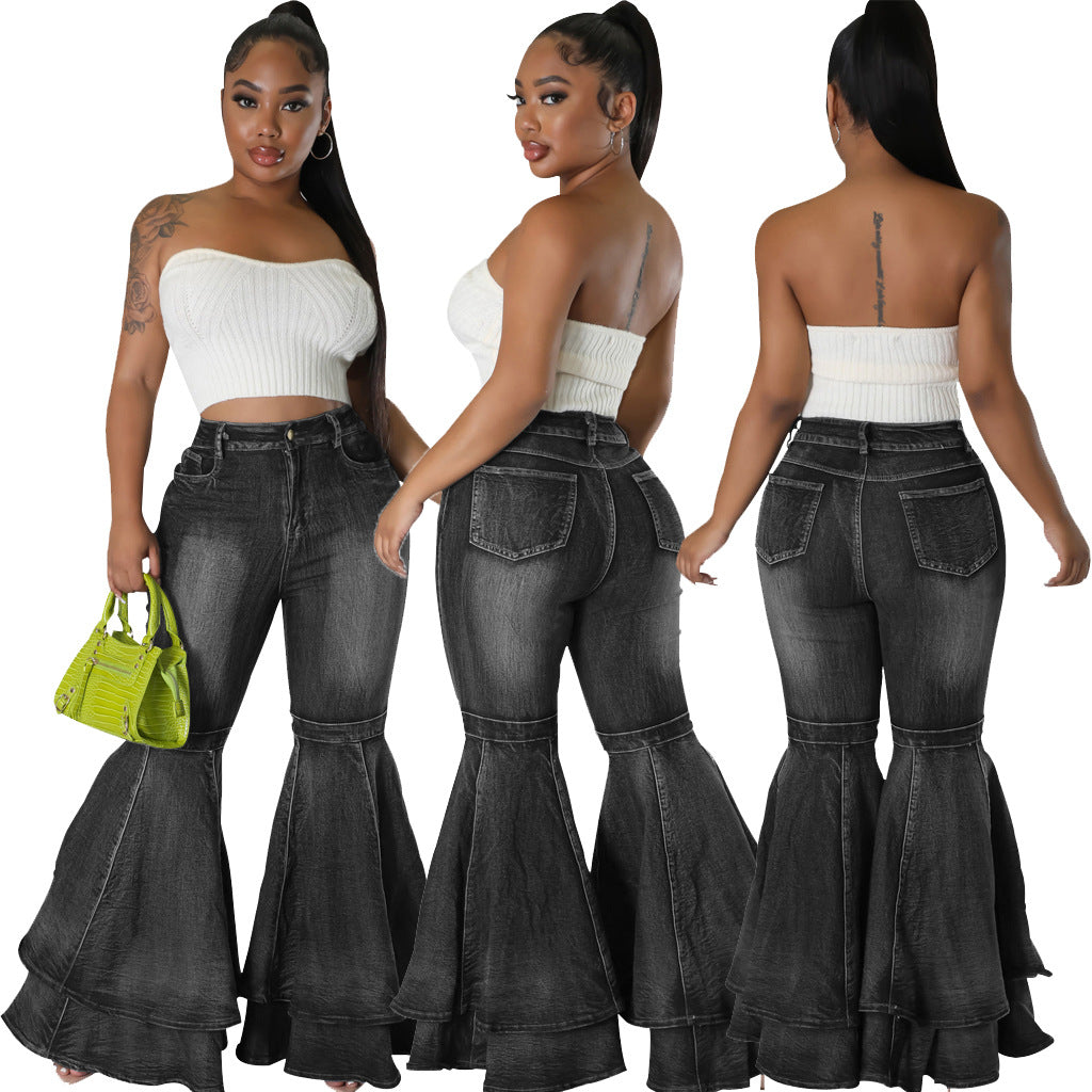 Wide Leg Denim Stretch Flared Pants
