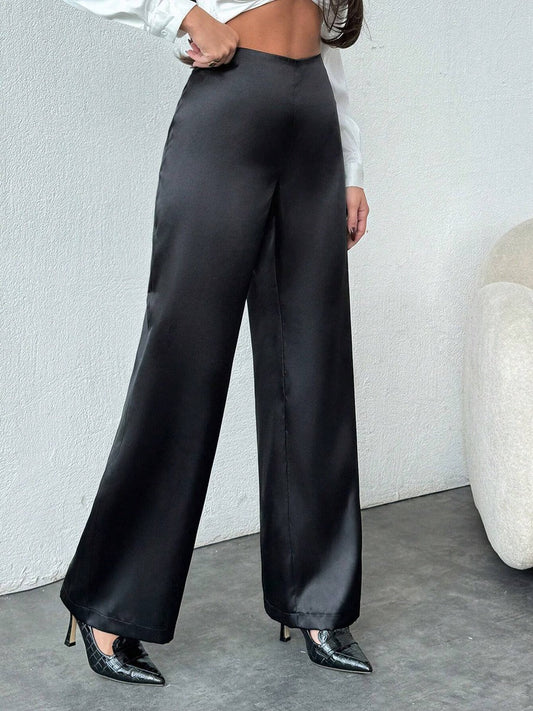Women Clothing Autumn Satin Casual Pants Loose Black Satin Wide Leg Pants