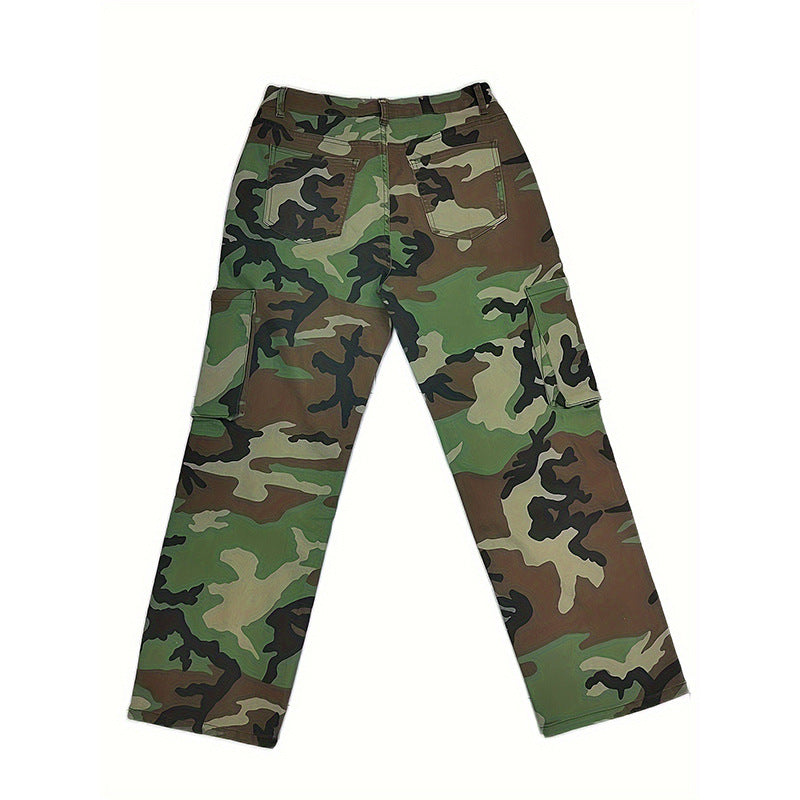 Plus Size Camouflage Jeans High Waist Multi-pocket Straight-leg Pants