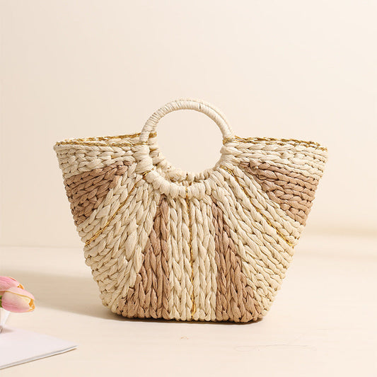 Pastoral Large Capacity Portable Straw-Weaved Bag Contrast Color Hand Carrying Straw Bag Woven Bag Vacation Beach Bag Vegetable Basket