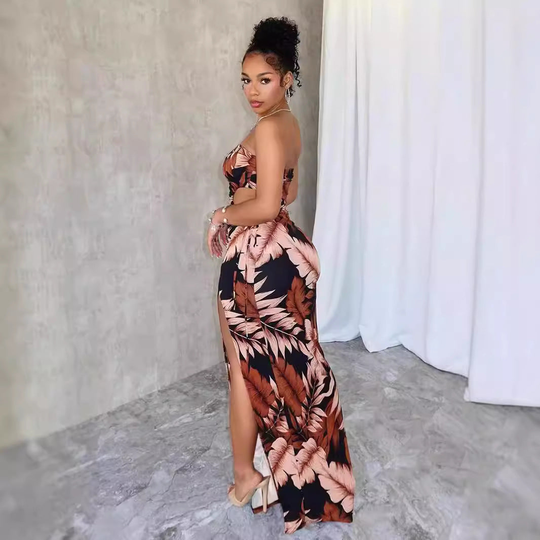 Strapless Flower Print High Slit Long Dress