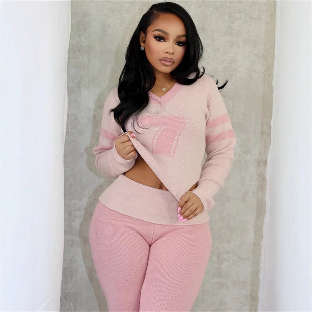 Contrast Color Fashion All-match V-neck Solid Color Knit Casual Long Sleeve Top And Trousers Suit