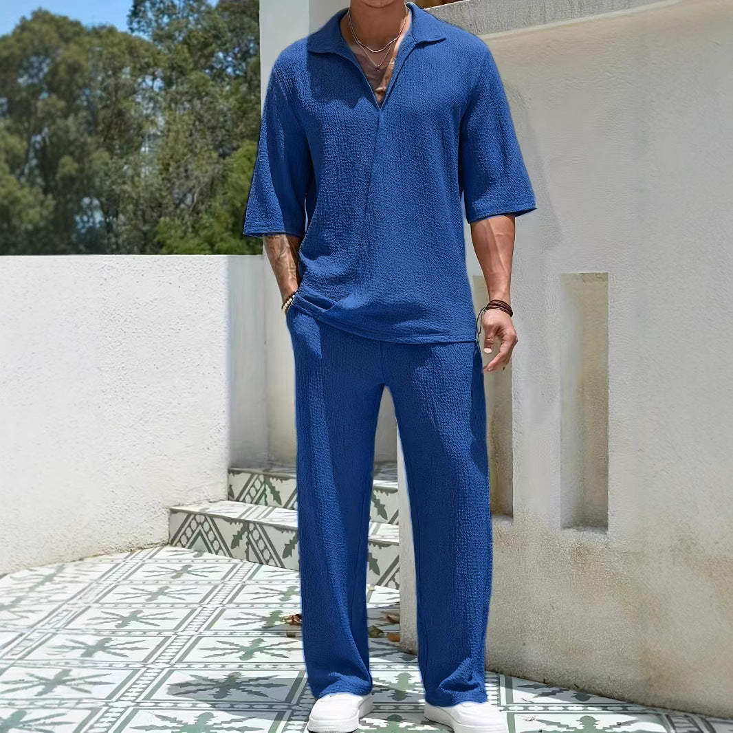 Commuter Men's Casual Shirt Solid Color Half Sleeve Trousers Two-piece Suit