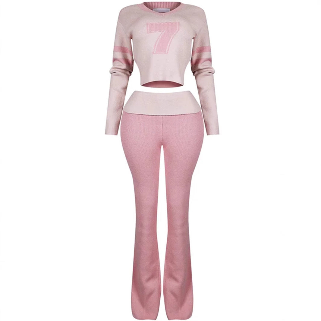 Contrast Color Fashion All-match V-neck Solid Color Knit Casual Long Sleeve Top And Trousers Suit