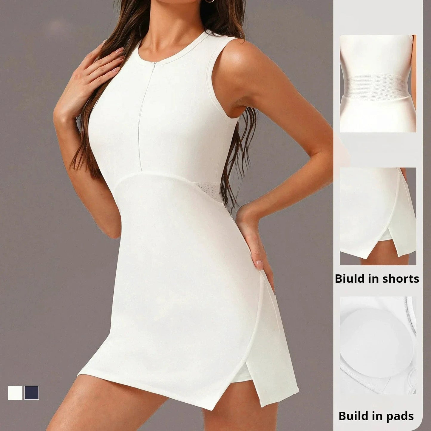 Active Zipper Tennis Dress with Shorts & Padded Support by THRIXINE