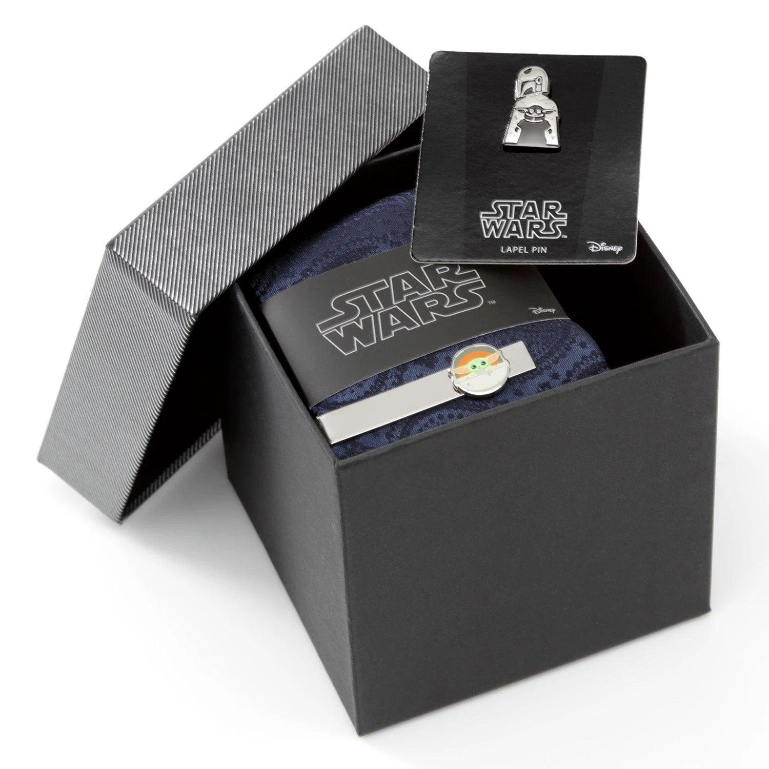 Star Wars Mandalorian and Grogu Navy Paisley Tie, Grogu Tie Bar, and Lapel Pin Gift Set by Cufflinks.com