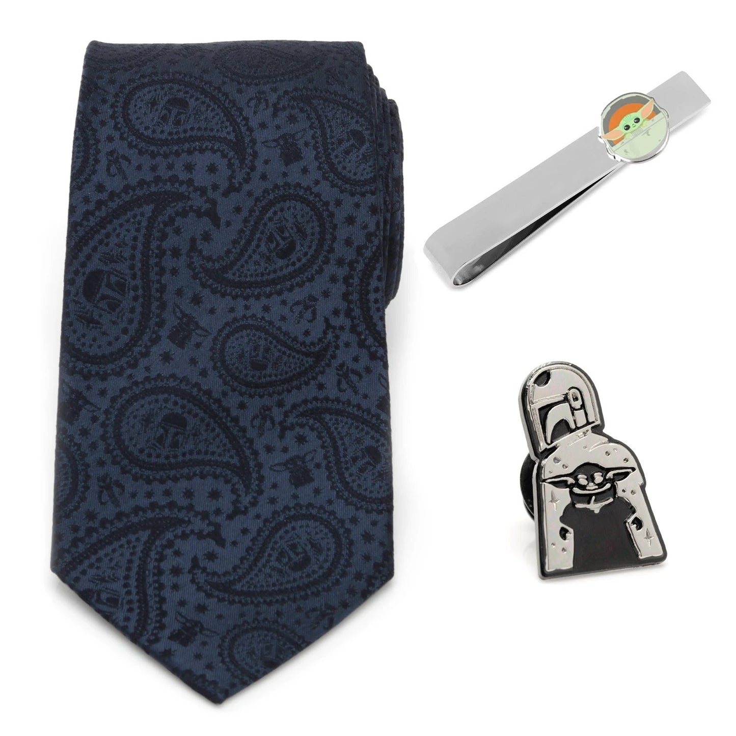 Star Wars Mandalorian and Grogu Navy Paisley Tie, Grogu Tie Bar, and Lapel Pin Gift Set by Cufflinks.com