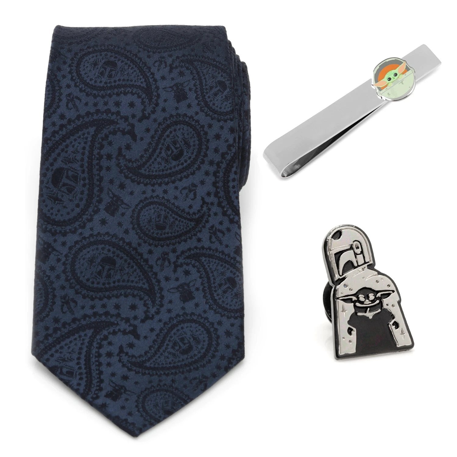 Star Wars Mandalorian and Grogu Navy Paisley Tie, Grogu Tie Bar, and Lapel Pin Gift Set by Cufflinks.com