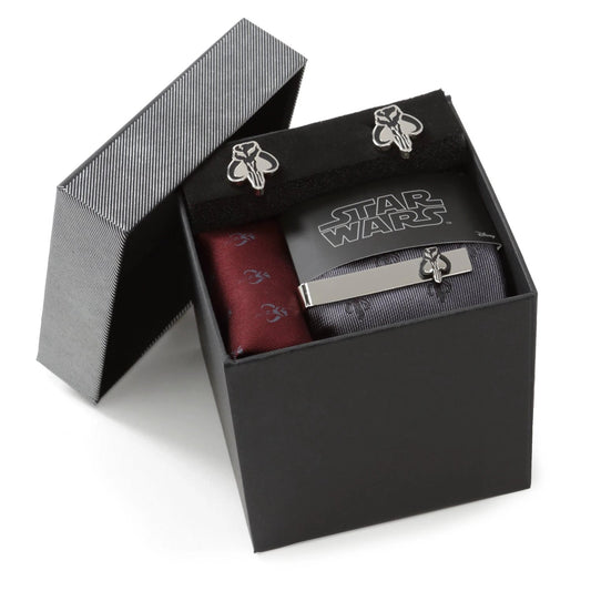 Star Wars Mandalorian Mythosaur Gray Tie, Red Pocket Square, Cufflinks, and Tie Bar Gift Set by Cufflinks.com