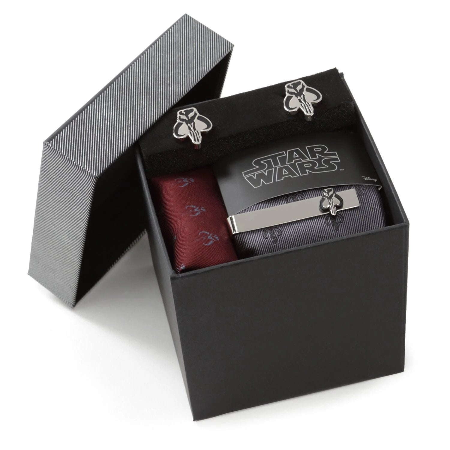 Star Wars Mandalorian Mythosaur Gray Tie, Red Pocket Square, Cufflinks, and Tie Bar Gift Set by Cufflinks.com