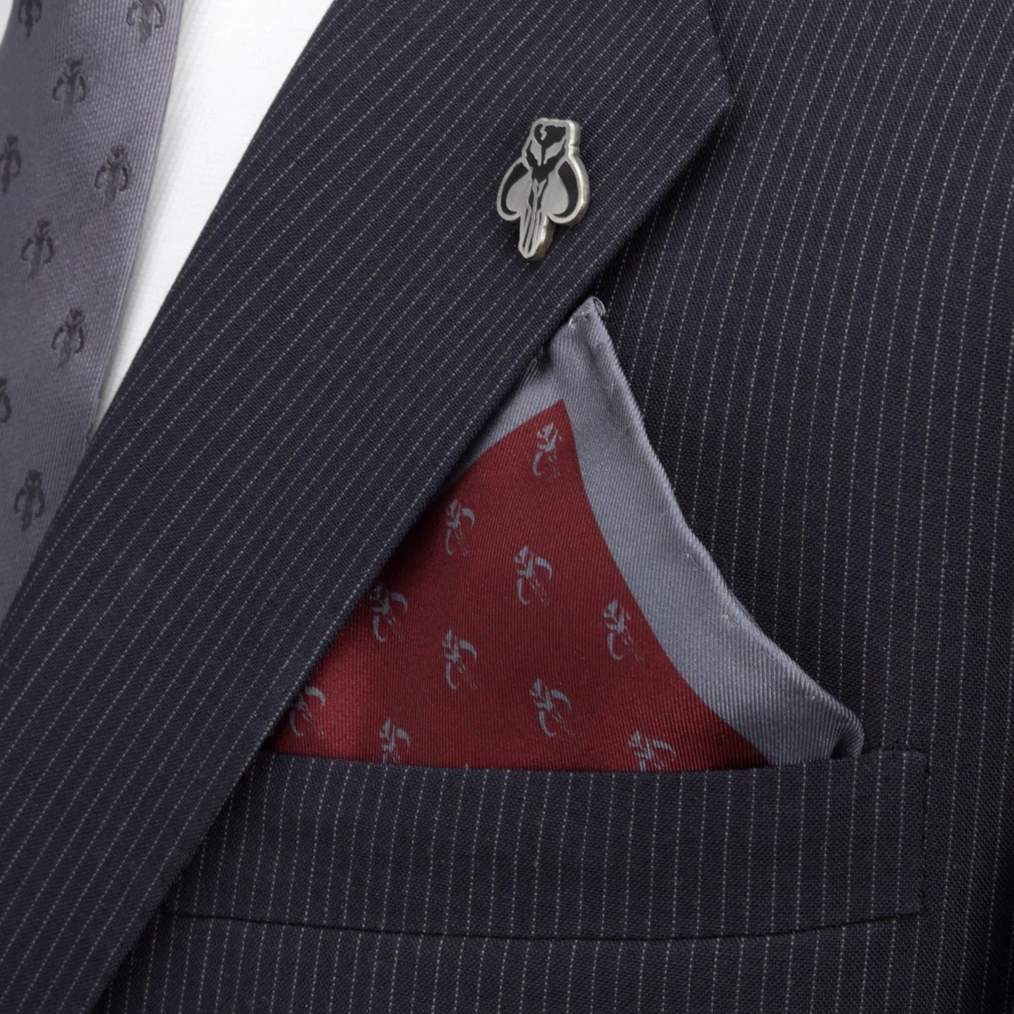 Star Wars Mandalorian Mythosaur Gray Tie, Red Pocket Square, Cufflinks, and Tie Bar Gift Set by Cufflinks.com
