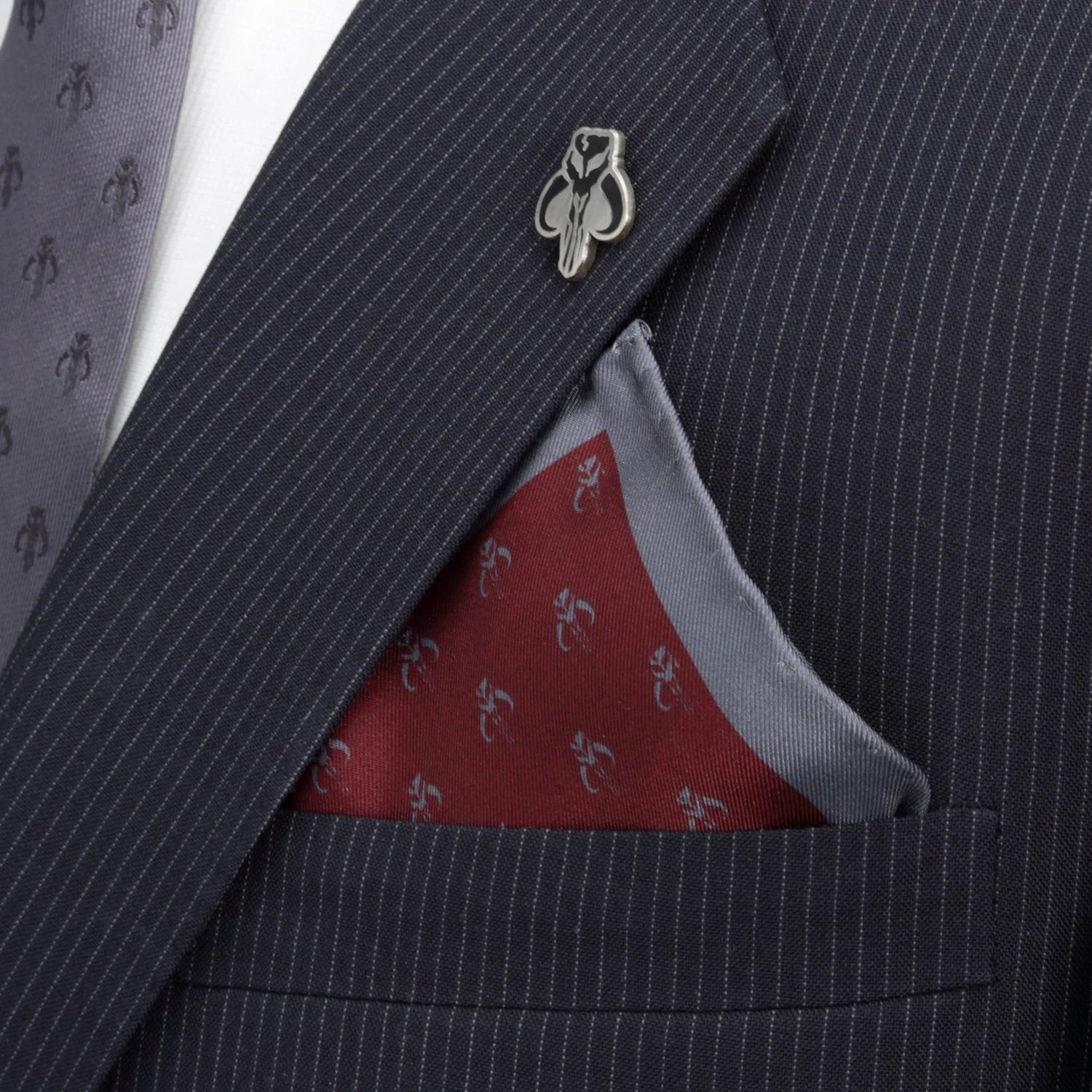 Star Wars Mandalorian Mythosaur Gray Tie, Red Pocket Square, Cufflinks, and Tie Bar Gift Set by Cufflinks.com