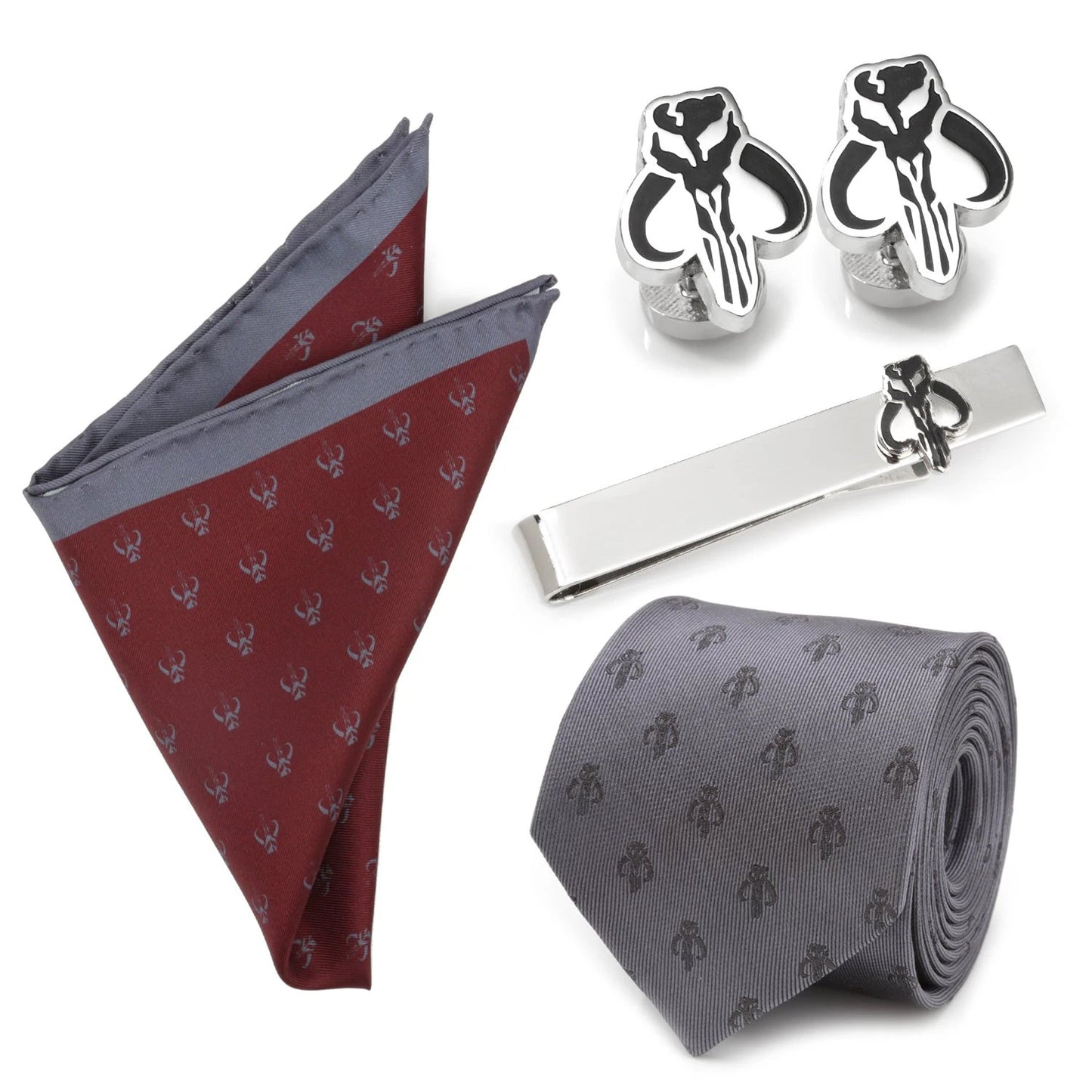 Star Wars Mandalorian Mythosaur Gray Tie, Red Pocket Square, Cufflinks, and Tie Bar Gift Set by Cufflinks.com