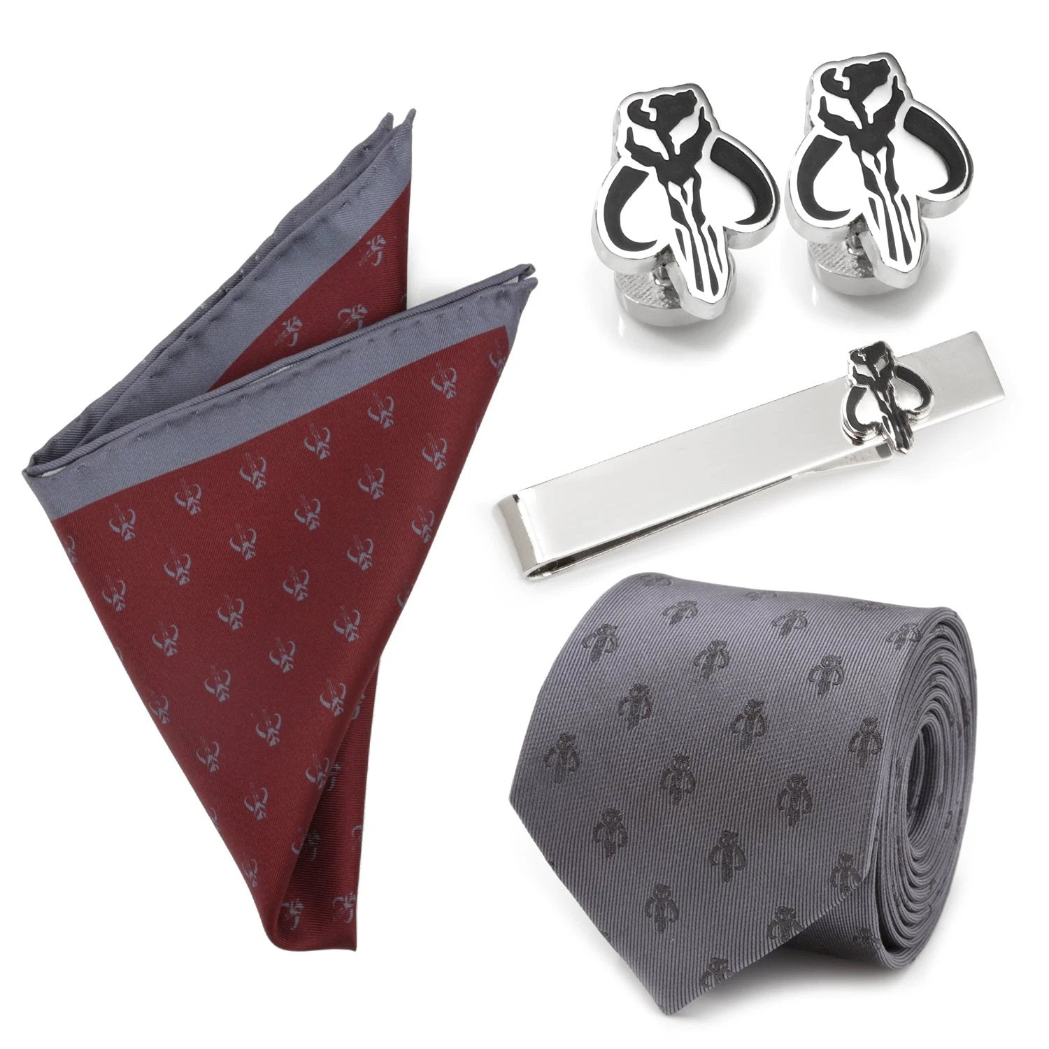 Star Wars Mandalorian Mythosaur Gray Tie, Red Pocket Square, Cufflinks, and Tie Bar Gift Set by Cufflinks.com