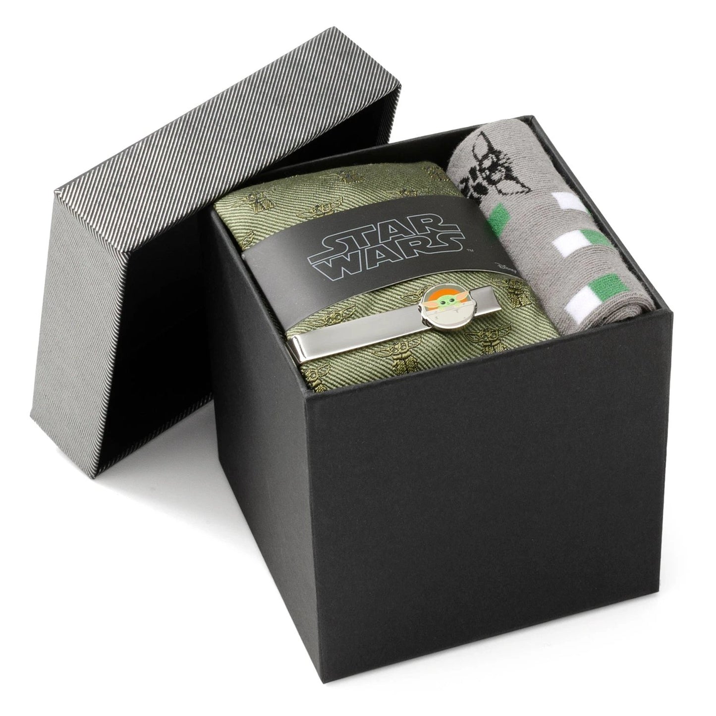 Star Wars Grogu Green Tie, Gray Dress Socks, and Tie Bar Gift Set by Cufflinks.com