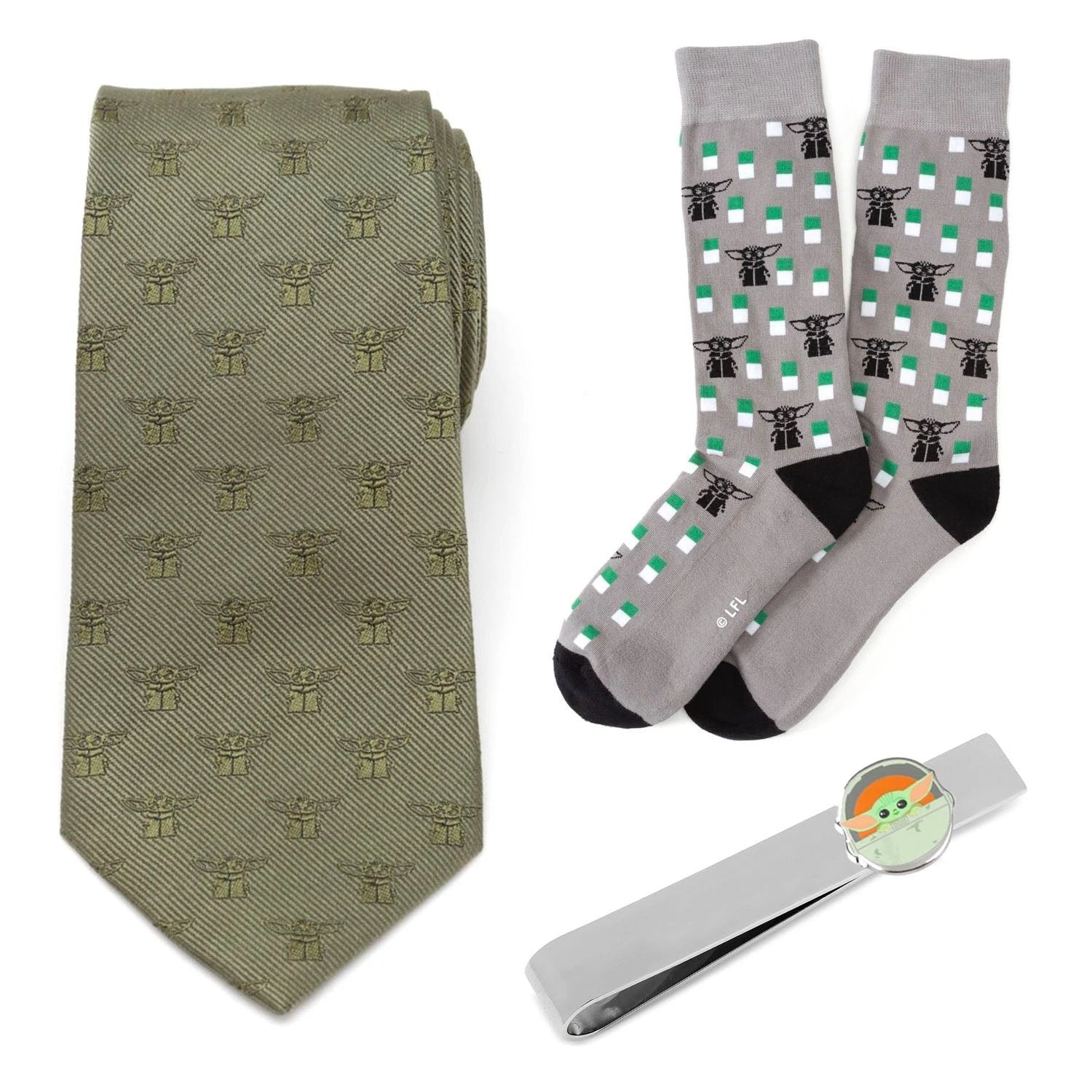 Star Wars Grogu Green Tie, Gray Dress Socks, and Tie Bar Gift Set by Cufflinks.com