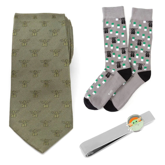 Star Wars Grogu Green Tie, Gray Dress Socks, and Tie Bar Gift Set by Cufflinks.com
